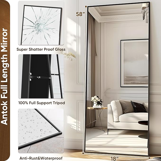 Antok Full Length Mirror, 58"x18" Floor Mirror with Stand, Hanging Mounted Mirrors for Bedroom, Living Room, Cloakroom, Dining Room, Black, Rect