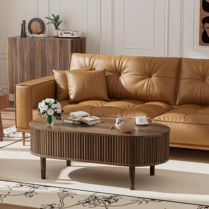 EAG Fluted Lift Top Coffee Table with Hidden Compartment, Modern Oval Coffee Table with Storage, Fully Wood Center Table for Living Room, Office, Walnut