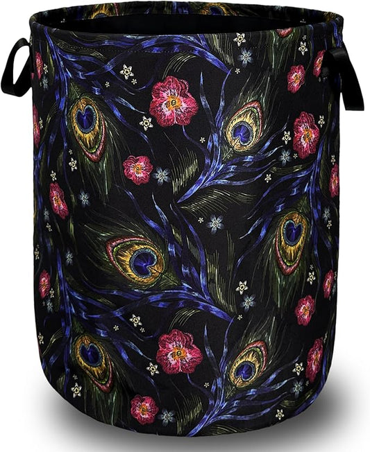 Colorful Peacock Feathers Laundry Basket Foldable With Handles Tote Bag Oxford Cloth Beautiful Laundry Hamper 18.9"x16.5" Clothes Storage Bucket Toy Organizer For Bathroom/Laundry/Bedroom