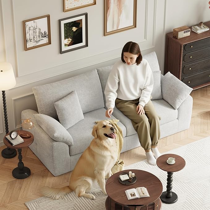 90" Boneless Loveseat Sofa, Cloud Foam Couch, 3 Seater Upholstered Midcentury Mondern Love Seat, Wide Armrest and 4 Pillows for Home Living Room/Small Spaces, No Assembly Required, Beige