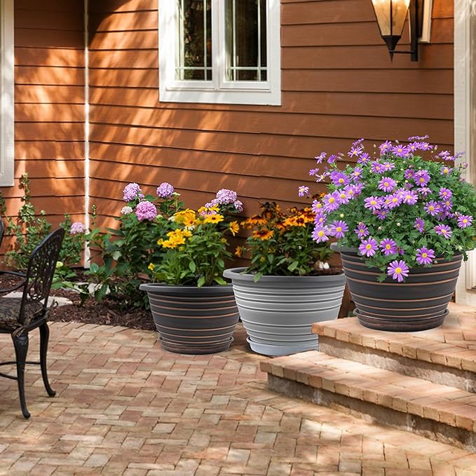 12 Inch Plastic-Flower Pot-for-Indoor Plants, 3 Pack Large planters for Outdoor Plants with Drainage Holes & Saucers, Retro Antique Imitation Decorative Garden Pots Planters