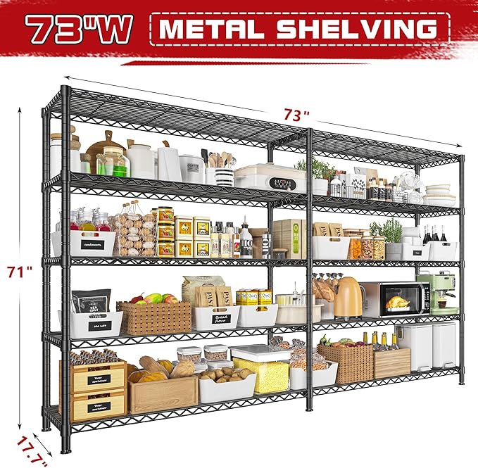 REIBII 73''W Storage Shelves Load 1650 LBS Metal Shelving 5-Tier Wire Shelving Unit for Storage Rack Adjustable Heavy Duty Metal Shelves for Pantry Kitchen Garage, 17.7" D x 73" W x 71" H