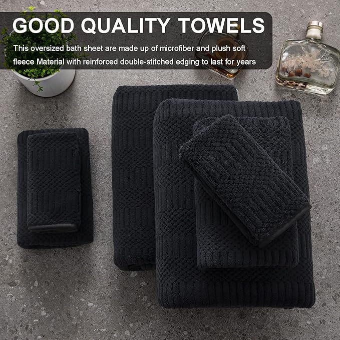 8 Piece Oversized Bath Towels Set Black,2 Extra Large Bath Towel Sheets,2 Hand Towels and 4 Washcloths 600 GSM Highly Absorbent Quick Dry Towels Set for Bathroom Hotel