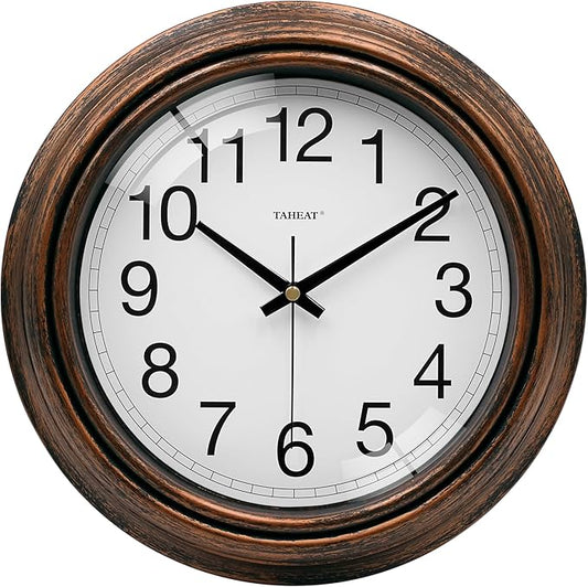 TAHEAT Vintage Gold Copper Wall Clock, Silent Non Ticking Battery Operated Round Wall Clock Decorative for Kitchen Living Room Bedroom Office, 10 Inch