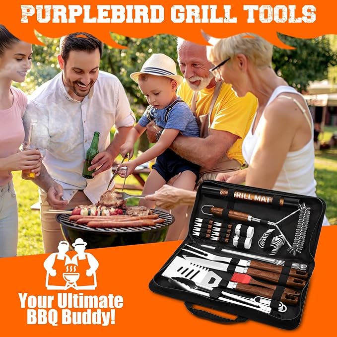 PURPLEBIRD 31PCS Grill Set for Outdoor Grill - Grilling Gift for Men & Dad, Heavy Duty Stainless BBQ Tools Kit for Camping, Grilling Utensils Set with Cleaner Brush, Thermometer, Storage Bag, BBQ Mat