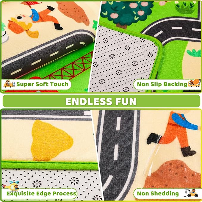 Kids Rug Play Mat for Toy Cars, 78.7"×59" Construction Site Road Traffic for Playroom Kids City Engineering Car Road Play Mat Non-Slip Washable Carpet Toddlers Boys Room Family Playtime