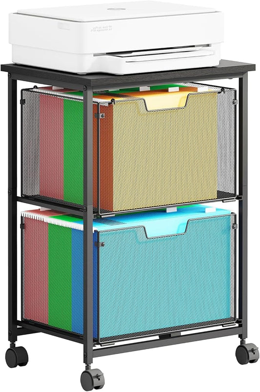 Letter/Legal Rolling File Cart with 2 Storage Drawers, Under Desk Storage, Vertical Filing Cabinet for Home Office, Hanging File Folders Organizer, Mobile Utility Cart Printer Stand, Black