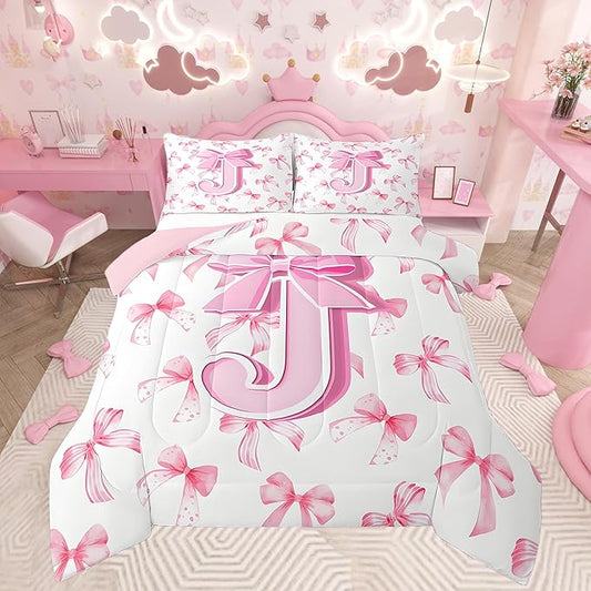 jejeloiu Kids Girls Cute Pink Bow Comforter Set Twin Size Monogrammed Bedding Set Ultra Soft Personalized Initial J Duvet Quilt Coquette Bow Knot Quilt Set Room Decor Modern Fashion Comforter