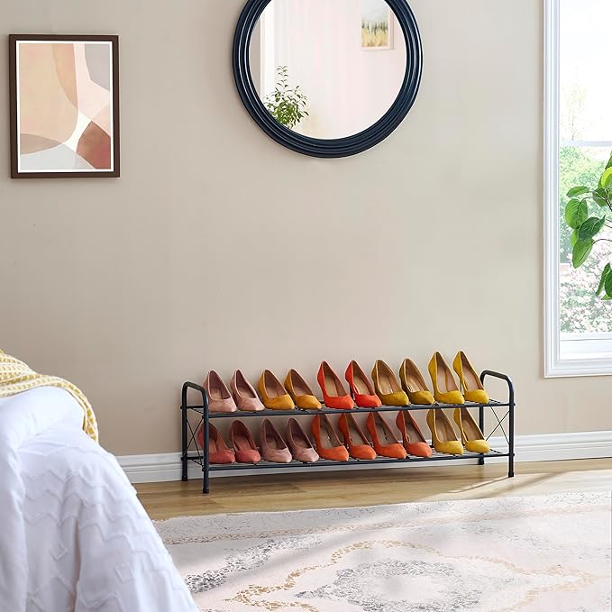 Hoctieon 2 Tier Shoe Rack for Closet, Durable Mesh Style Shoe Rack, Entryway Shoe Shelf, Shoe Storage Organizer for Hallway, Bedroom, Living Room, Wardrobe, Black