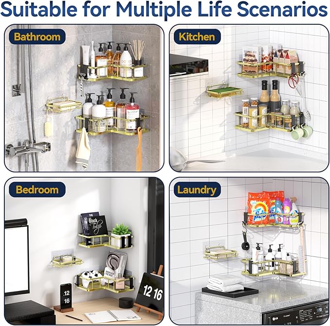 YASONIC Corner Shower Caddy Organizer, 3-Pack Self-Adhesive Rustproof Bath Shelves with Soap Holder & 4 Hooks, Large Capacity Shower Storage Rack for Bathroom Organization, Gold