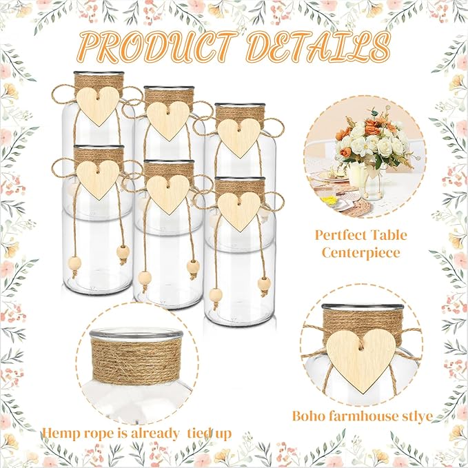 Vintage Glass Vases for Flowers, Set of 6 Mason Jar Vase Table Centerpieces for Farmhouse Room Decor, Wedding, Bridal Shower Bud Vase Set (Small)