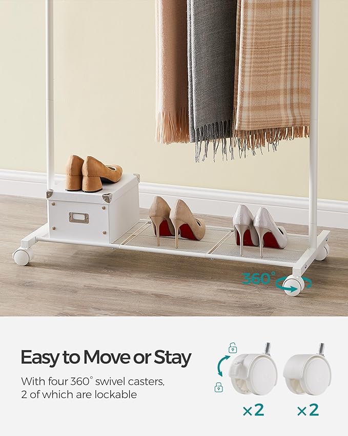 SONGMICS Clothes Rack with Wheels, Double-Rod Clothing Rack for Hanging Clothes, 25.4mm Metal Garment Rack with Dense Mesh Storage Shelf, 110 lb Load Capacity, 2 Brakes, White UHSR027W01