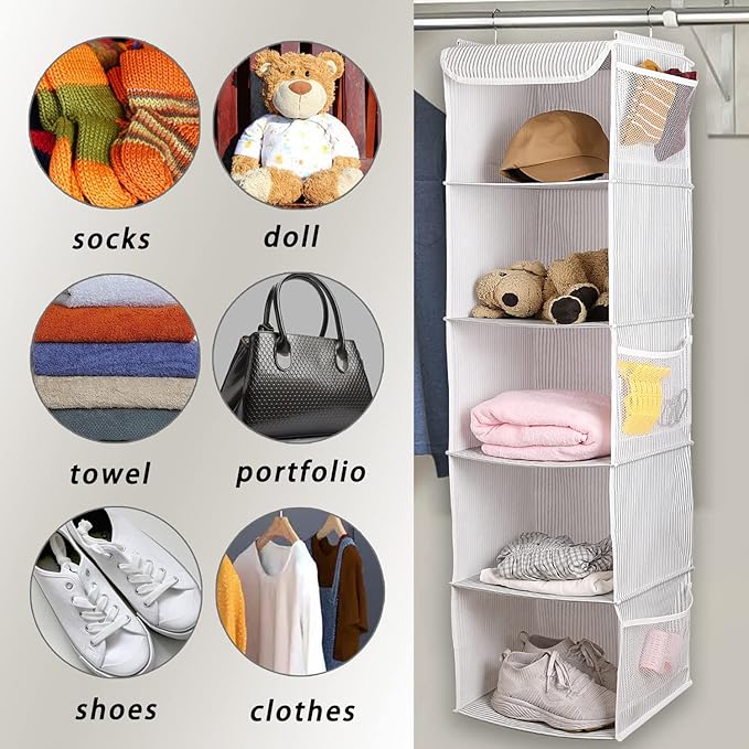 5 Shelves Hanging Closet Organizer, 2 Pack Hanging Storage with 6 Side Pockets for Clothes Shoes, 43"x12"x12"(Strip)
