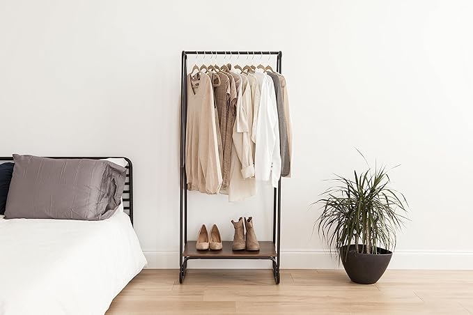 IRIS USA Clothes Rack for Hanging Clothes with Bottom Wood Shelf, Freestanding Clothing Rack, Easy to Assemble Garment Rack, Metal, Sturdy Design, Multipurpose, Small Space Storage Solution, Black