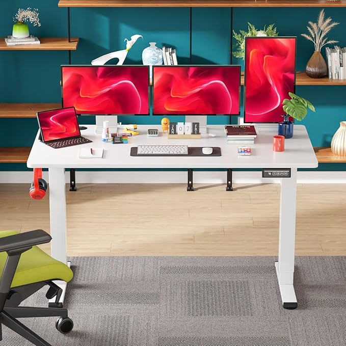 PayLessHere 55 Inch Electric Standing Desk Computer Desk with Large Space and Headphone Holder Office Desk with Electric Lifting and 2 Memory Function for Office Bedroom Meeting Room,White