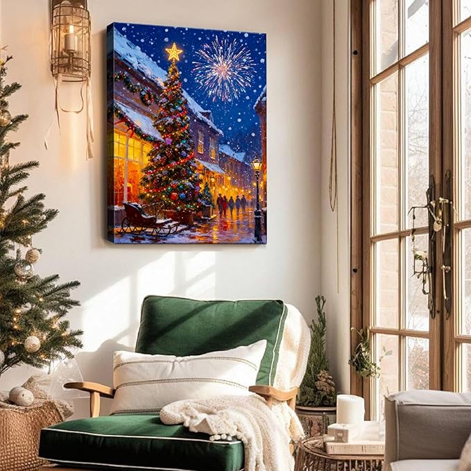 Vintage Christmas Tree and Fireworks Canvas Wall Art - Festive Framed Canvas Prints for Home Office Decor, Rustic Christmas Wall Art Picture, Ideal Christmas Gifts & Festive Decorations
