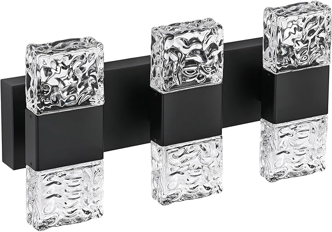 MELUCEE Modern LED Bathroom Lights Over Mirror 24W Dimmable Crystal Wall Sconce LED Vanity Light Bar 3 Lights Black Bathroom Wall Light Fixtures for Bath Powder Room, 3000K Warm Lighting
