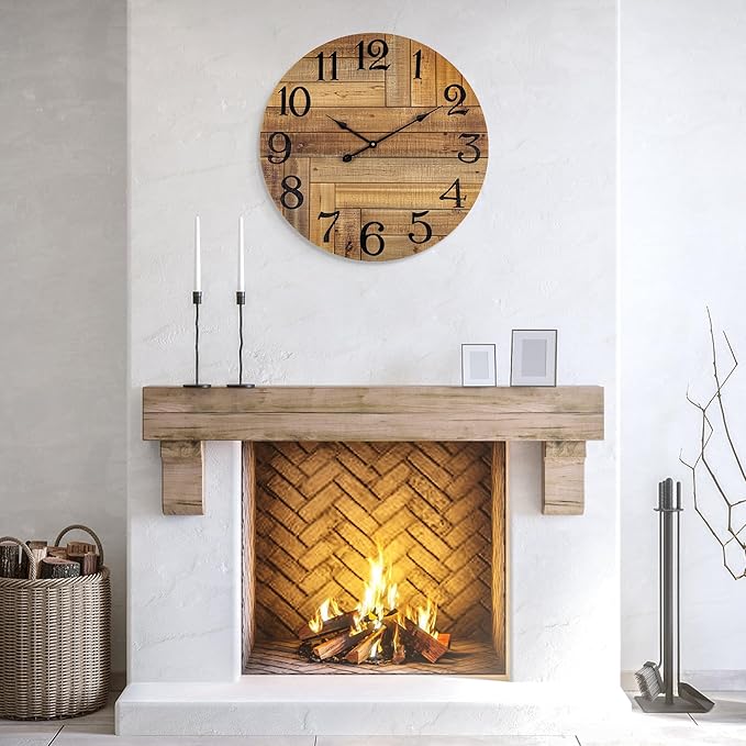 BEW Large Wall Clocks, 24 inch Wood Wall Clock Battery Operated, Rustic Farmhouse Shabby Chic Decorative Wall Clock Silent for Bedroom, Kitchen, Office, Living Room Decor