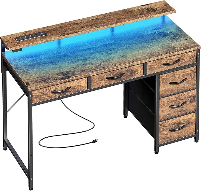 Huuger Gaming Desk with 6 Drawers, Computer Desk with LED Lights Power Outlets and Type-C, 39 Inch Office Desk with Storage, Monitor Stand, Writing Desk Work Desk Home Office, Study, Rustic Brown