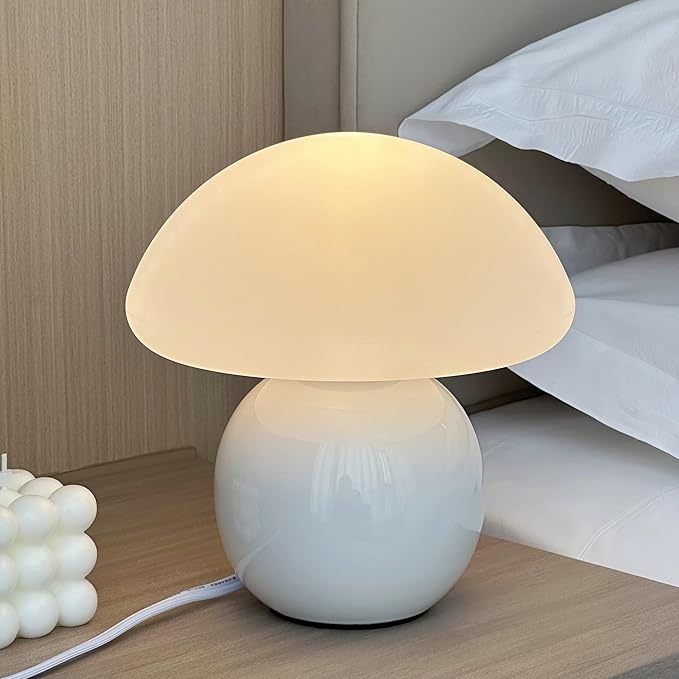 Mushroom Lamp Ceramic Base,White Cute 70s Mid Century Modern Decor Lamp for Bedroom,Small Abstract Table Bedside Glass Mood Coze Fun Warm Light