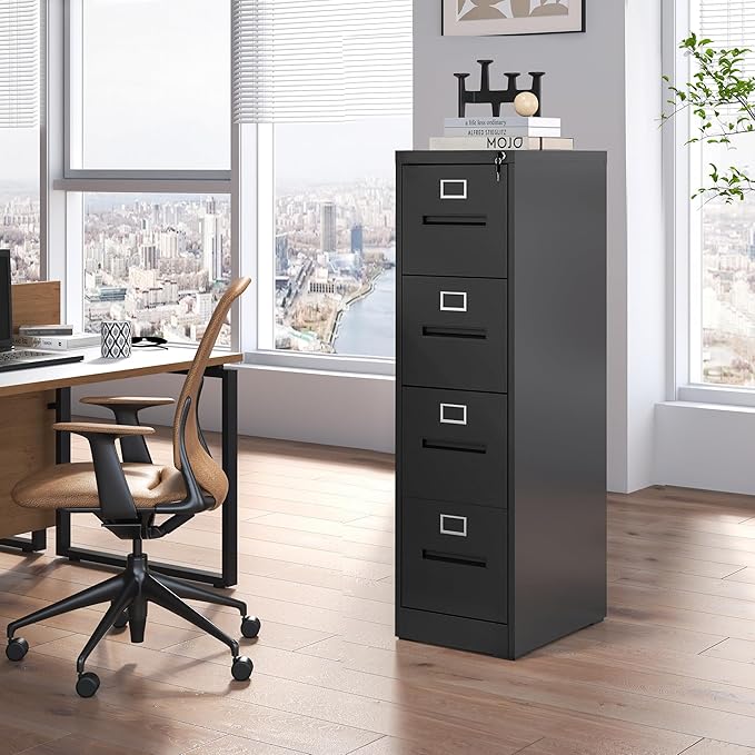 4 Drawer Vertical File Cabinet Home Office Metal Filing Cabinet, D17.7 Locking File Cabinets with Keys, Anti-Tilt Design, Steel Drawer Cabinet for A4/Legal/Letter,Need Assemble (Black)