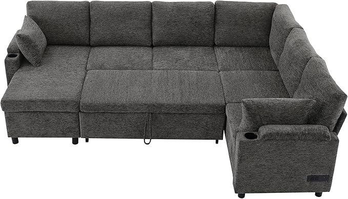Ball & Cast 109.9" Sectional Sofa with Pull Out Bed, Chenille Upholstered Sleeper Sofa bed with Storage Chaise, Convertible U Shaped Couch with Two Cup Holders and Charging Ports for Living Room, Grey