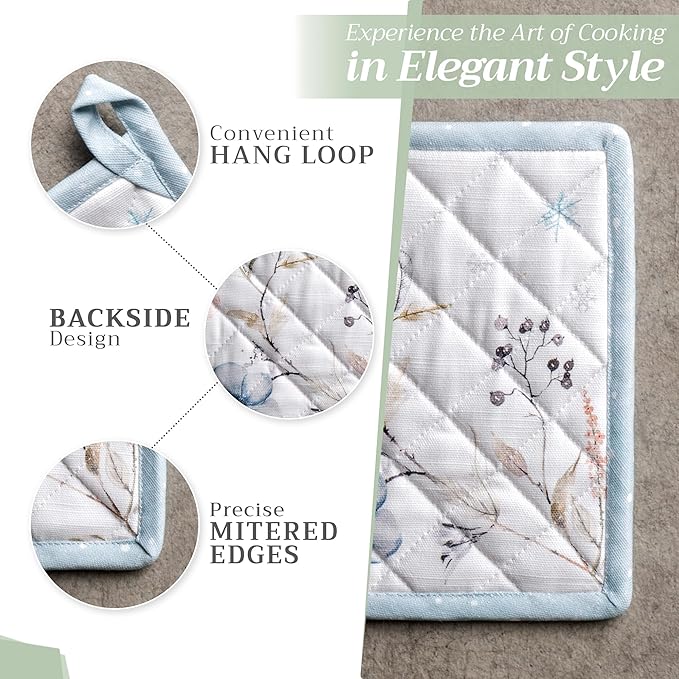Maison d' Hermine 100% Cotton Oven Mitt & Pot Holder Set (7.5"x13" & 8"x8") Heat Resistant BBQ Cooking Gloves with Loop for Thanksgiving Christmas Decorations Handling Hot Pans (Ice Florals)