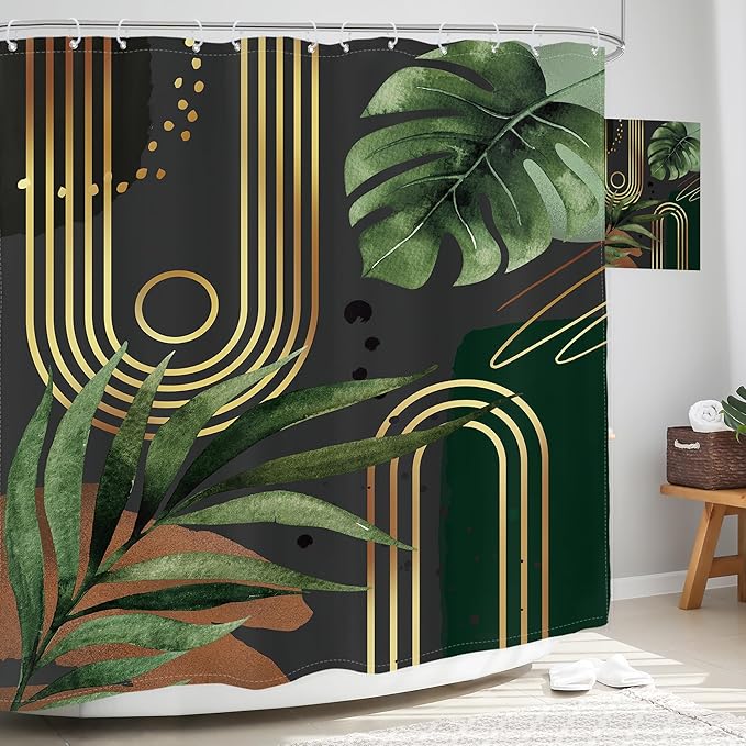 Glawry Dark Green Gold Boho Mid Century Shower Curtain Extra Long Abstract Minimalist Geometric Tropical Modern Leaf Bathroom Simple 72Wx78L Inches Bath Accessories Art Home Decor Fabric 12 Pack Hook