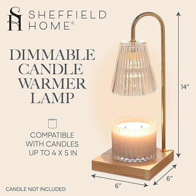 Sheffield Home Glass Candle Warmer Lamp – Gold Ribbed Glass, 14″ Flameless Candle and Wax Melter for Long-Lasting Fragrance – Elegant Decorative Warmer for Home or Office