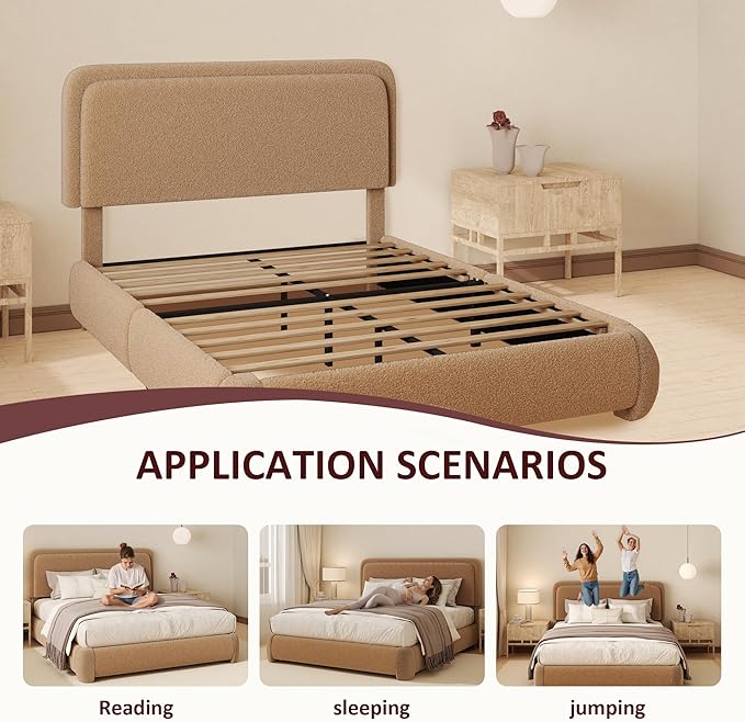 King Boucle Platform Bed Frame with Height Adjustable Headboard, Modern Upholstered Cloud Bed, Sleek Curved Design, No Box Spring Needed, Noise Free, Easy Assembly, Camel