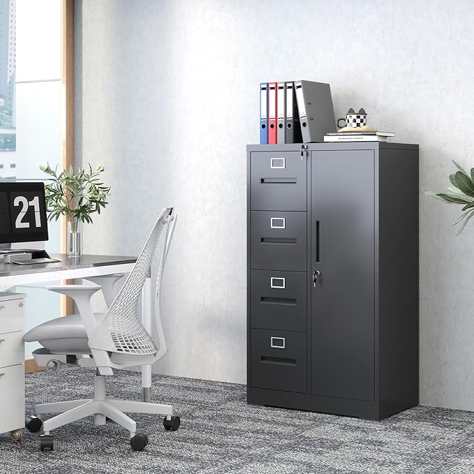 4 Drawer File Cabinet with 1 Door,Black Metal Storage Locker Cabinets for Employees,Home Office Lockable Steel Filing Cabinets for Legal/Letter Size Files, Assembly Required