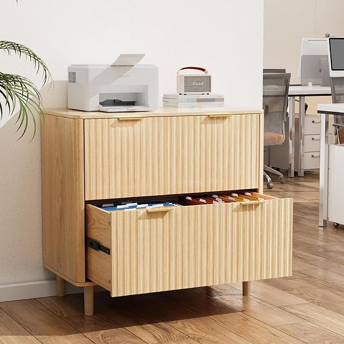 VINGLI 2 Drawer File Cabinet, Home Office Filing Organizer, for Letter Legal A4 Size File Folder Storage, Modern Style Fluted Design, Wood Lateral Filing Cabinet, Printer Stand, Archivador (Oak)