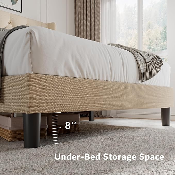 iPormis Queen Platform Bed Frame with Button Tufted Headboard, Upholstered Bed Frame with Solid Wooden Slats, 8" Under-Bed Space, No Box Spring Needed, Easy Assembly, Noise Free, Beige