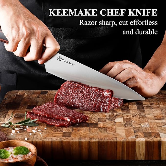 KEEMAKE Chef Knife 8 inch - Sharp Kitchen Knife High Carbon Stainless Steel Blade, Gyuto Knife Ergonomic Wood Handle, Professional Chef’s Knife for Home Kitchen and restaurant