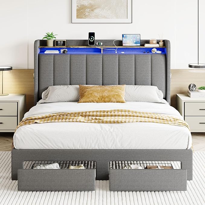 SHA CERLIN Queen Platform Bed Frame with Vertical Channel Tufted Wingback Headboard & 2 Storage Drawers/2-Tier Shelves with LED Lights & Charging Station/Noise-Free/No Box Spring Needed/Dark Grey