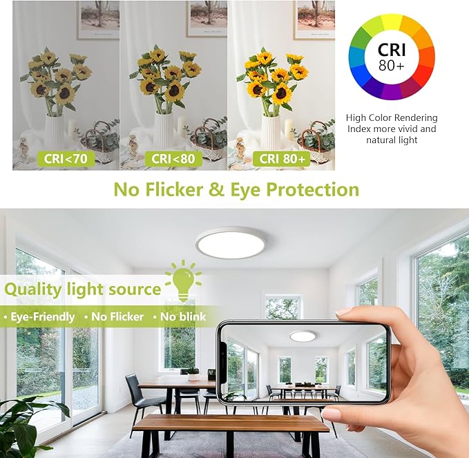 20 Inch Large Dimmable LED Flush Mount Ceiling Light - 42W 4200LM & 3CCT 3000K/4000K/6000K, Flat Round Low Profile Ceiling Fixtures for Bedroom, Kitchen,Office,White