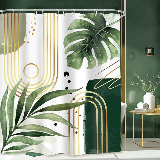 Glawry Green Gold Boho Mid Century Shower Curtain Extra Long Tropical Plant Abstract Minimalist Modern Geometric Leaf Bathroom Simple 72Wx78L Inches Bath Accessories Art Home Decor Fabric 12 Pack Hook