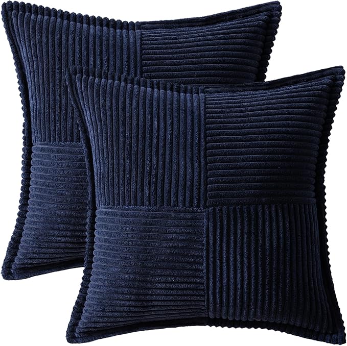 MIULEE Decorative Throw Pillow Covers for Couch Bed Livingroom 12x12 Inch Set of 2 Navy Blue Boho Accent Throw Pllows Broadside Striped Patchwork Soft Corduroy Summer Coastal Pillowcases