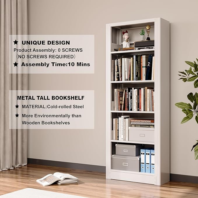 Book Shelf,5-Tier White Bookshelf, Office Bookcases and Bookshelves,Tall Metal Storage Organizer,Freestanding Bookshelf for Library,Living Room,Home Office (W:31.5")