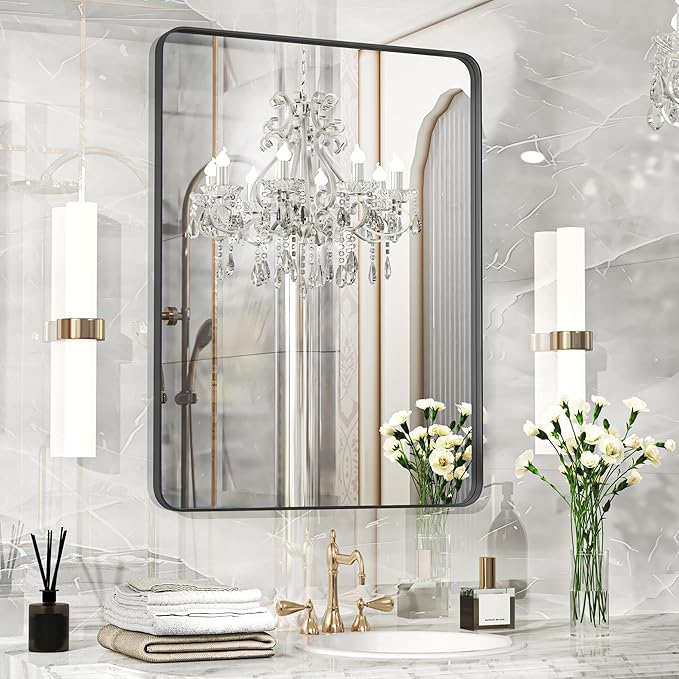 Fun Memories Wall Mirror for Bathroom, 32x24 Inch Black Bathroom Mirror, Rectangular Wall Mounted Decorativ, Rounded Corner, Aluminum Alloy Frame, Farmhouse, Hangs Horizontal or Vertical