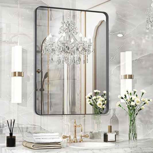 Fun Memories Wall Mirror for Bathroom, 32x24 Inch Black Bathroom Mirror, Rectangular Wall Mounted Decorativ, Rounded Corner, Aluminum Alloy Frame, Farmhouse, Hangs Horizontal or Vertical