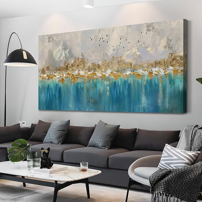 Arjun Teal Gold Abstract Wall Art Blue Turquoise Hand Painted Textured Painting Canvas Modern Grey Artwork Wooden Framed for Living Room Bedroom Bathroom Home Office Wall Decor, Extra Large 58"x29"