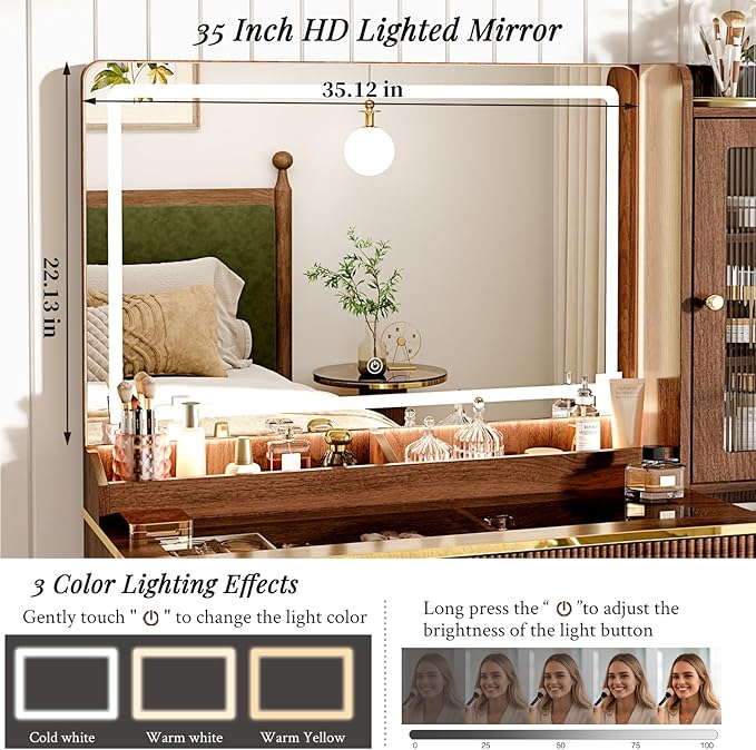 Vanity Desk with 35.12" HD Lighted Mirror, 46.85" Big Modern Vanity Desk with Mirror and Lights, Makeup Vanity with 7 Drawers and Storage Shelves and Charging Station, Walnut