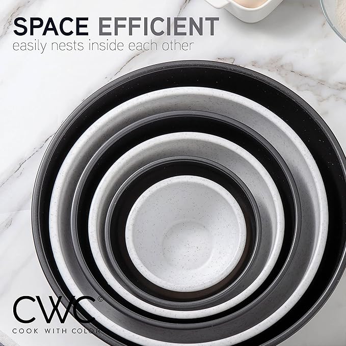 COOK WITH COLOR Mixing Bowls with TPR Lids - 12 Piece Plastic Nesting Bowls Set includes 6 Prep Bowls and 6 Lids, Microwave Safe Mixing Bowl Set (Black and White)