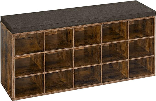 VASAGLE CUSTOS Collection - Shoe Bench, Storage Bench with Padded Seat, Entryway Bench with 15 Compartments, for Bedroom, 11.8 x 41.3 x 18.9 Inches, Rustic Brown and Chestnut Brown ULHS15BX