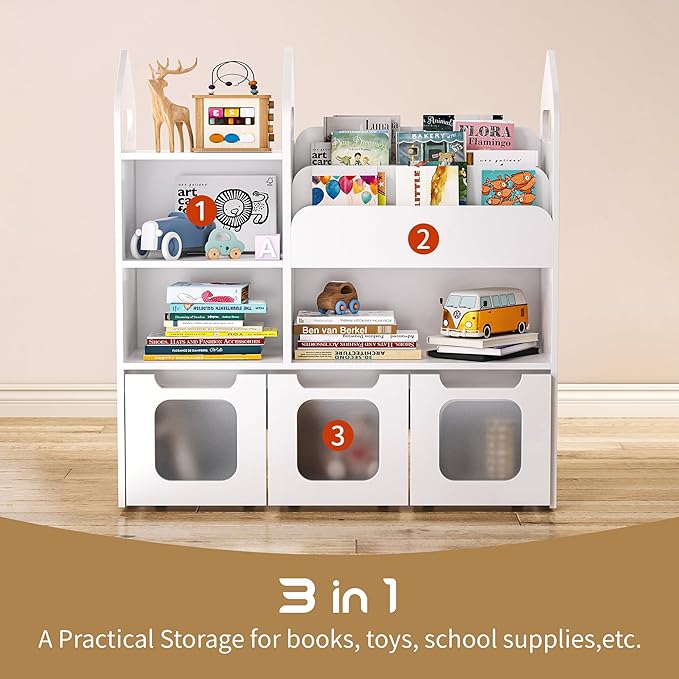 Toy Storage Organizer with 3 Movable Drawers and 3 Storage Cubby, 33.5" H Kids Bookshelf and Toy Storage，Book Shelf for Kids Room, Nursery, Playroom, Bedroom, White