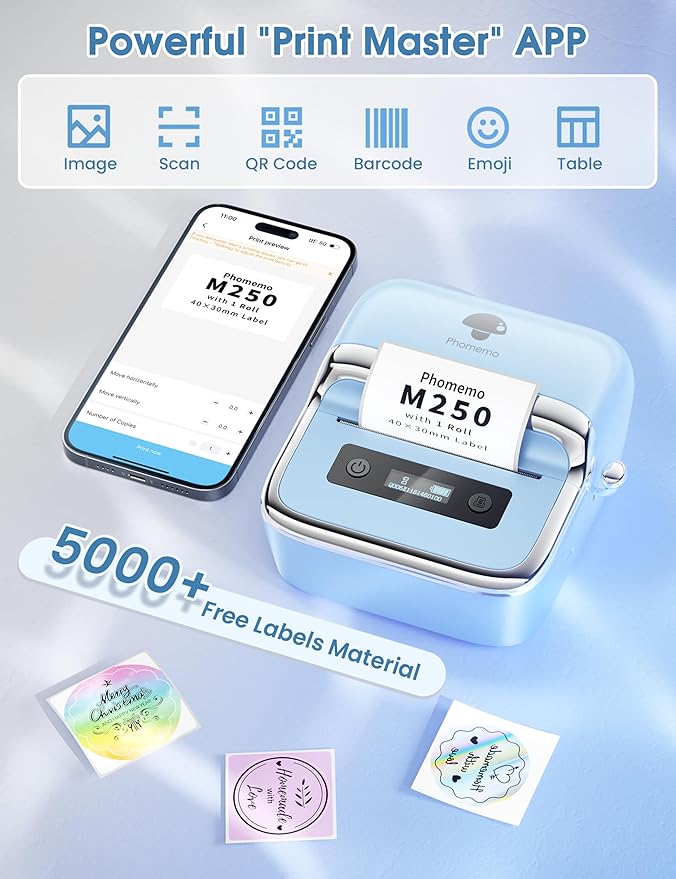 Phomemo M250 Label Maker, 3" Thermal Barcode & Address Printer - Portable Label Maker for Business, Home & Logos, Sticker Printer Compatible with Phones & PCs, with 100 Labels, 40x30mm