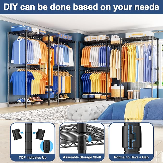 Ulif E12 Clothes Rack，Heavy Duty Freestanding Garment Rack with Shelves，Metal Clothing Closet Storage System for Hanging Clothes，71" W x 16" D x 76.5" H, Hold 960 lbs，Black