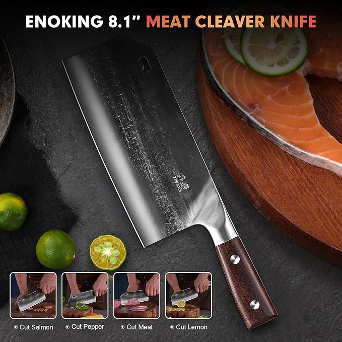 ENOKING Cleaver Knife Serbian Chef Knife Hand Forged Meat Cleaver German High Carbon Stainless Steel Chopping Butcher Knife Kitchen Knives with Full Tang Handle for Home and Restaurant, Ultra Sharp