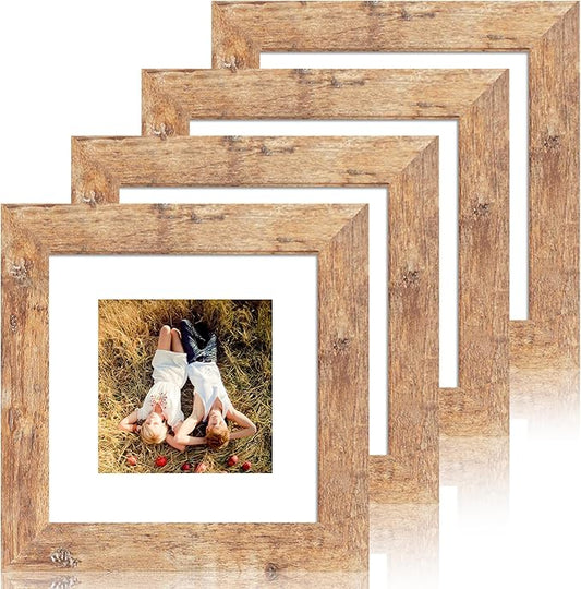 6x6 Picture Frame Set of 4 with Real Glass, Rustic Brown Frames Display 4x4 Picture with Mat or 6 x 6 Without Mat, Square Photo Frame for Wall Mount and Tabletop Display